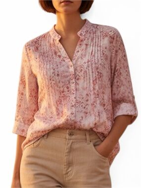 Gloria Vanderbilt Pink Geometric Pattern Pintuck Henley Blouse w Rolled Sleeves
